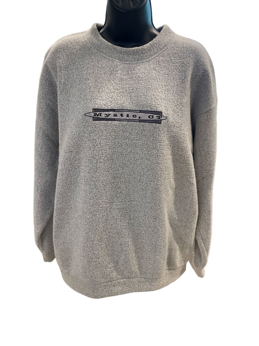 Mystic CT Large Gray Knit Crewneck Sweatshirt Logo USA Vacation Exist Sports